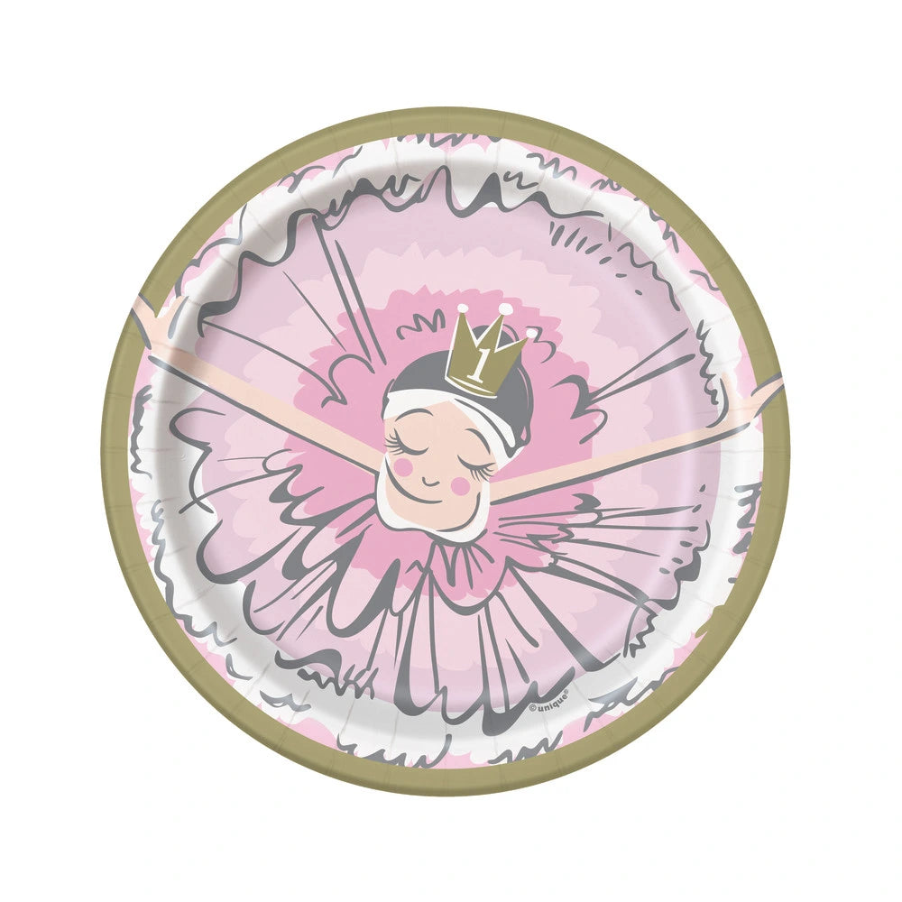 Ballerina Pink & Gold 1st Birthday Round 7" Dessert Plates, 8 In A Pack