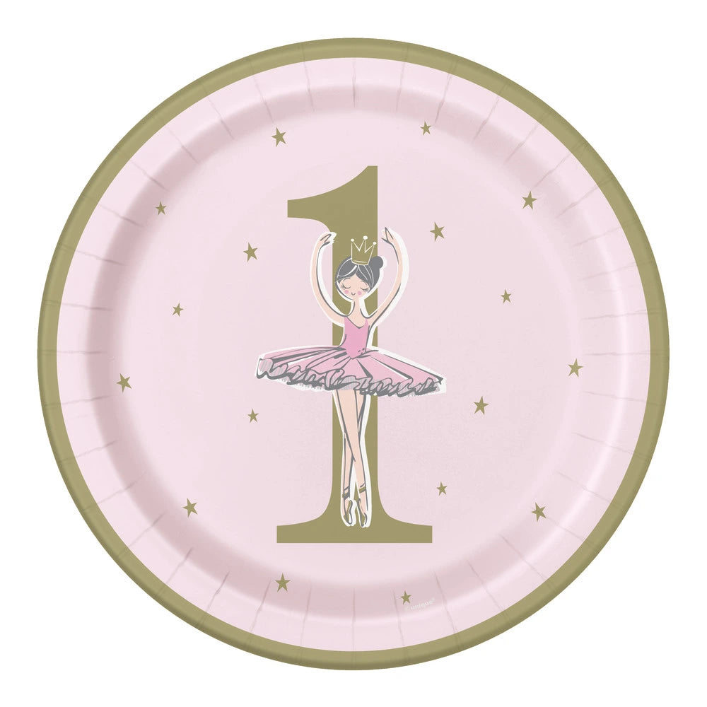 Ballerina Pink & Gold 1st Birthday Round 9" Dinner Plates, 8 In A Pack