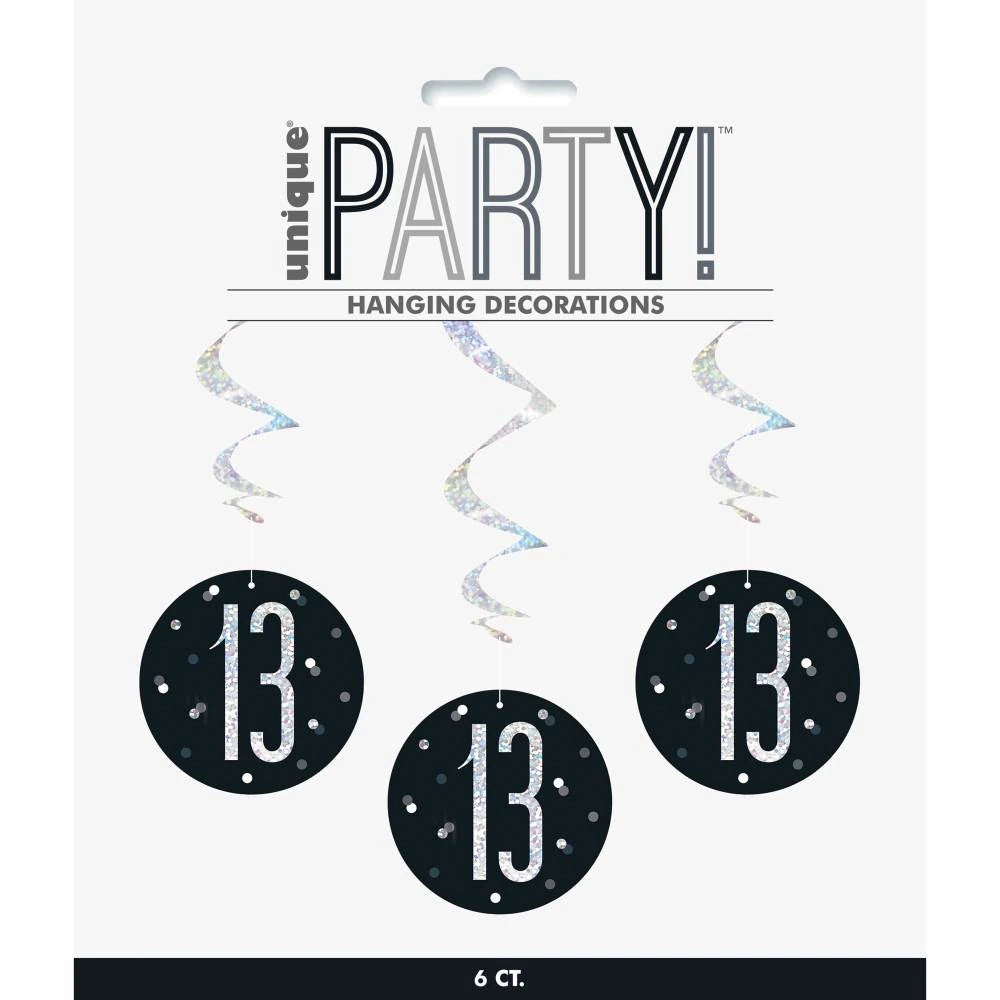 Birthday Black Glitz Number 13 Hanging Swirl Decorations, 32", 6 In A Pack