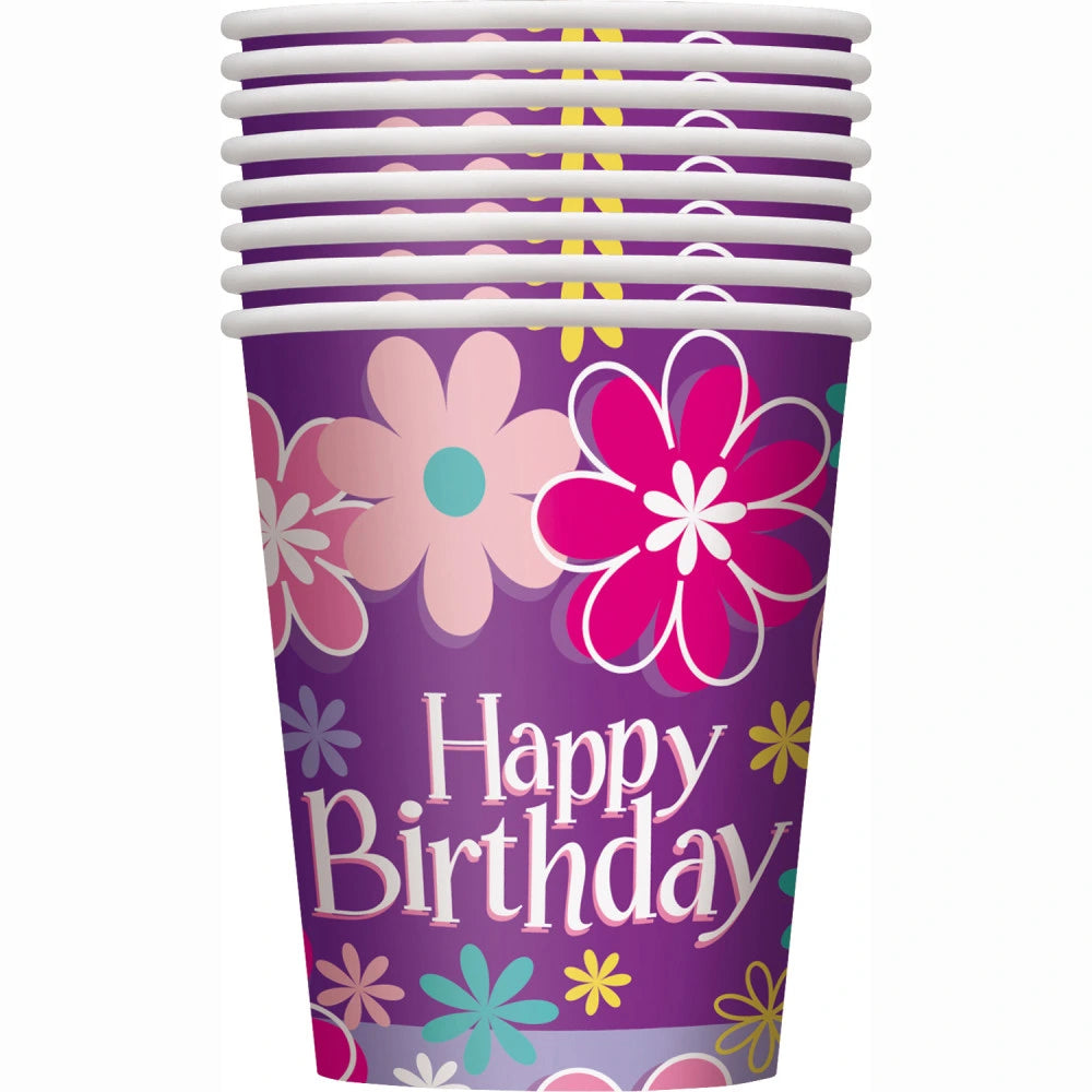 Birthday Blossoms 9oz Paper Cups, 8 In A Pack