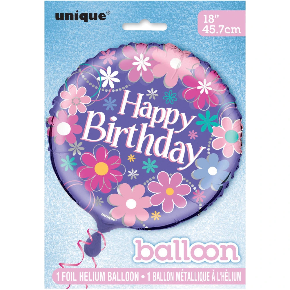 Birthday Blossoms Round Foil Balloon 18", Packaged
