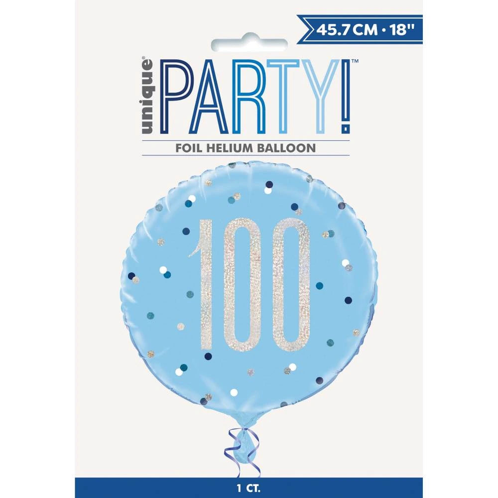 Birthday Blue Glitz Number 100 Round Foil Balloon 18", Packaged