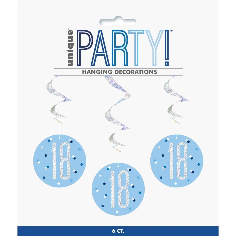 Birthday Blue Glitz Number 18 Hanging Swirl Decorations, 32", 6 In A Pack