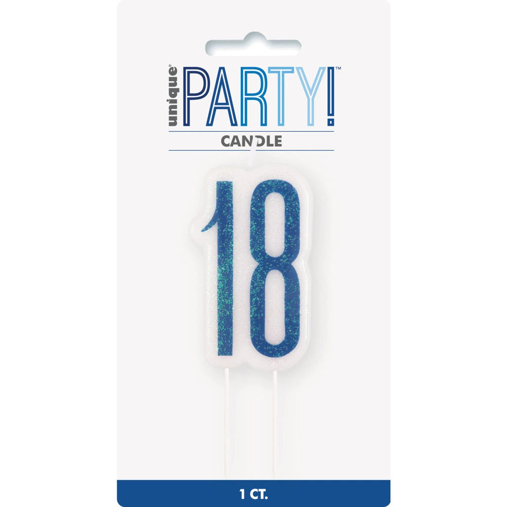 Birthday Blue Glitz Number 18 Numeral Candle