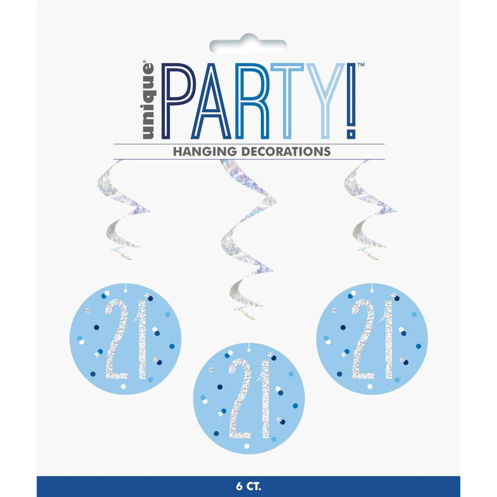 Birthday Blue Glitz Number 21 Hanging Swirl Decorations, 32", 6 In A Pack