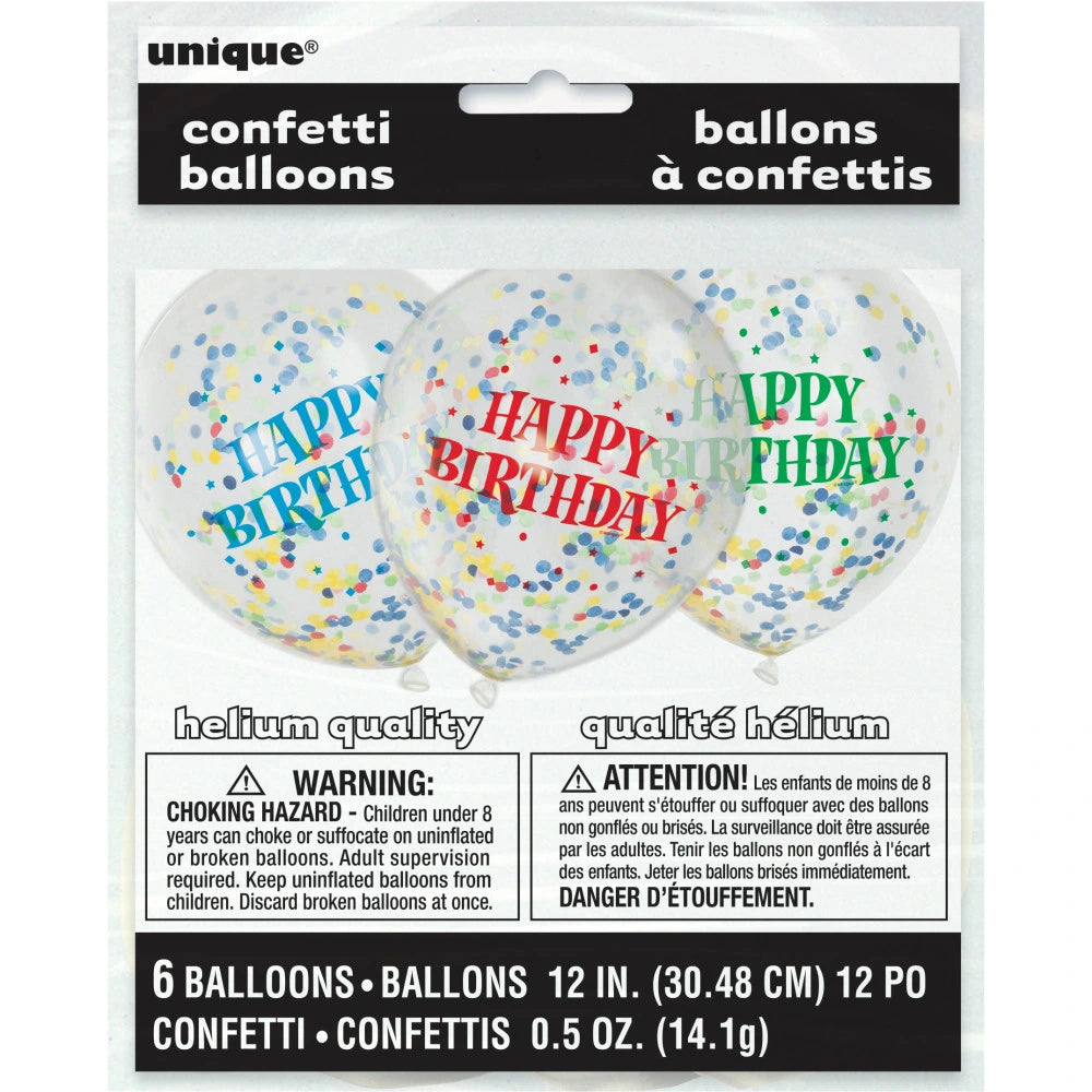Birthday Clear Latex Balloons with Bright Confetti 12", 6 In A Pack