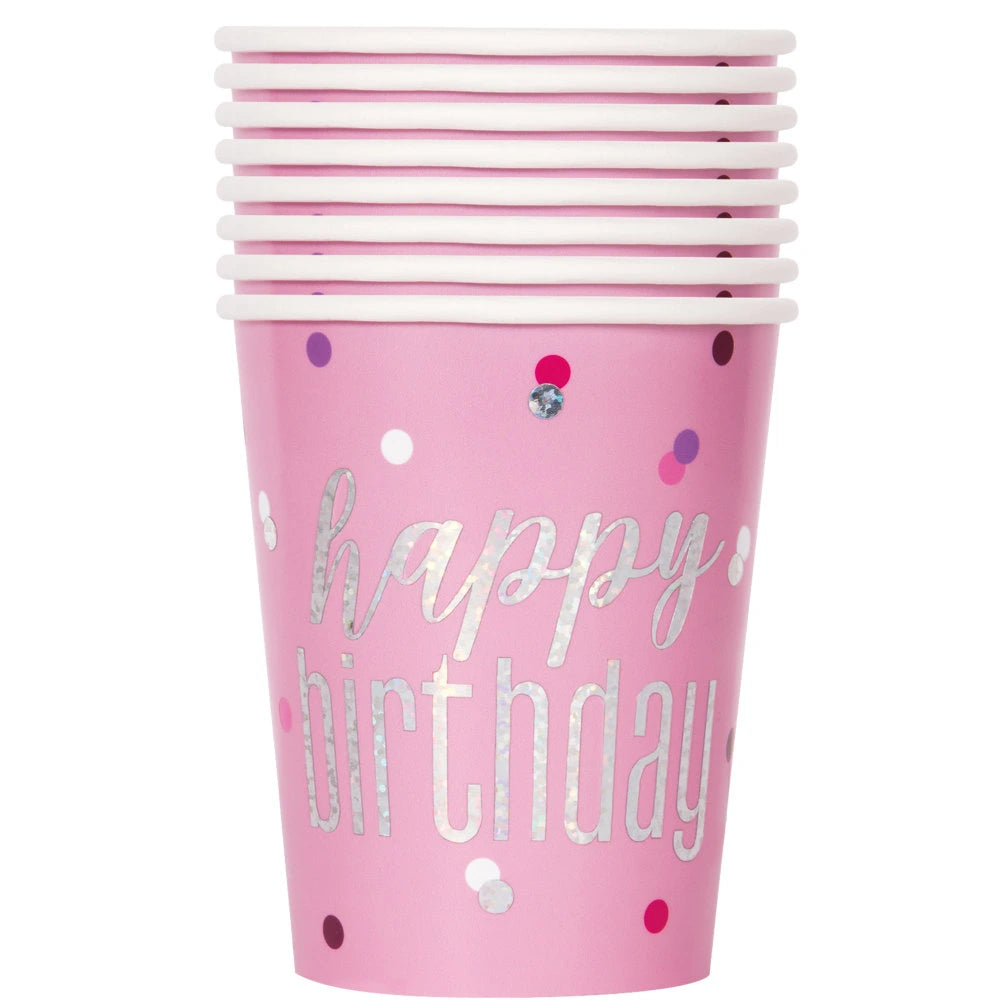 Birthday Pink Glitz 9oz Paper Cups, 8 In A Pack