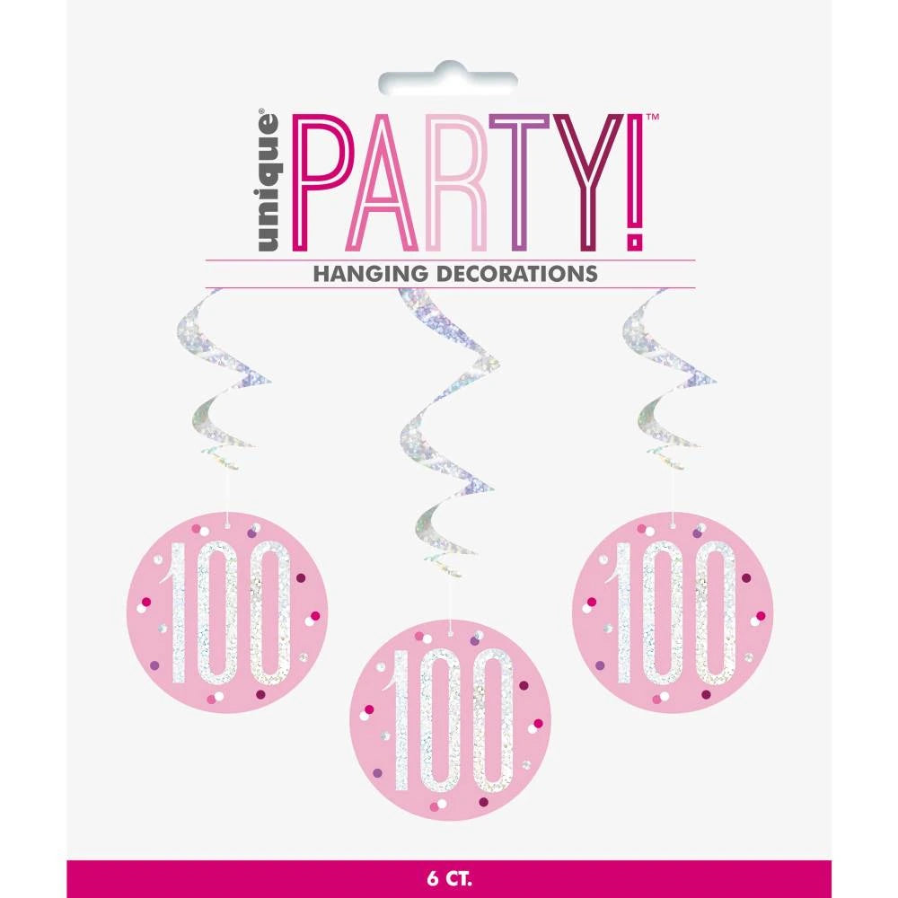 Birthday Pink Glitz Number 100 Hanging Swirl Decorations, 32", 6 In A Pack