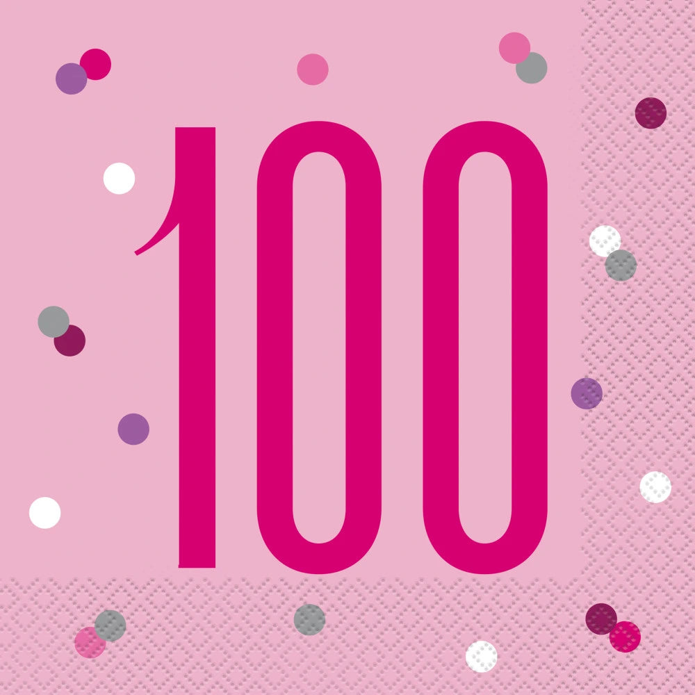 Birthday Pink Glitz Number 100 Luncheon Napkins, 16 In A Pack