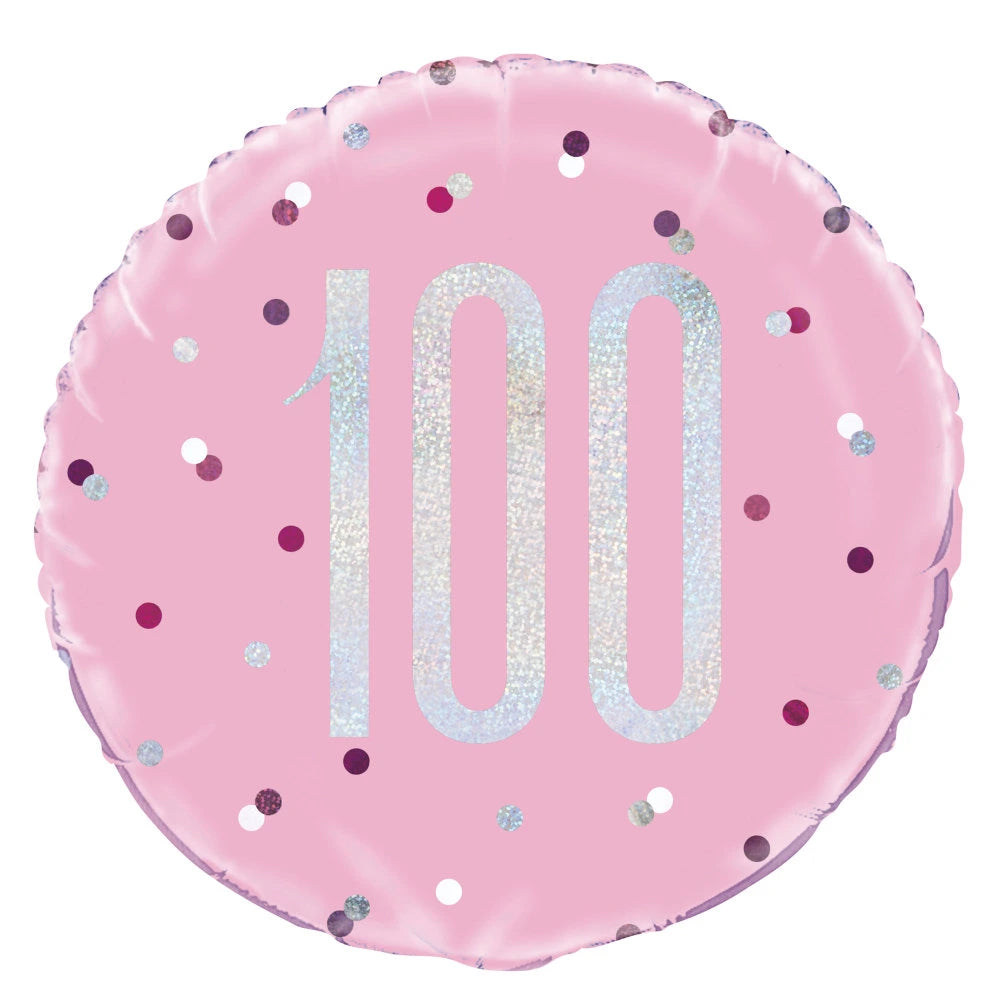 Birthday Pink Glitz Number 100 Round Foil Balloon 18", Packaged