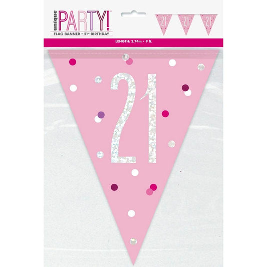 Birthday Pink Glitz Number 21 Flag Banner, 9 ft