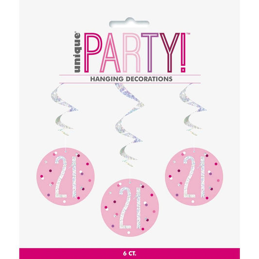 Birthday Pink Glitz Number 21 Hanging Swirl Decorations, 32", 6 In A Pack