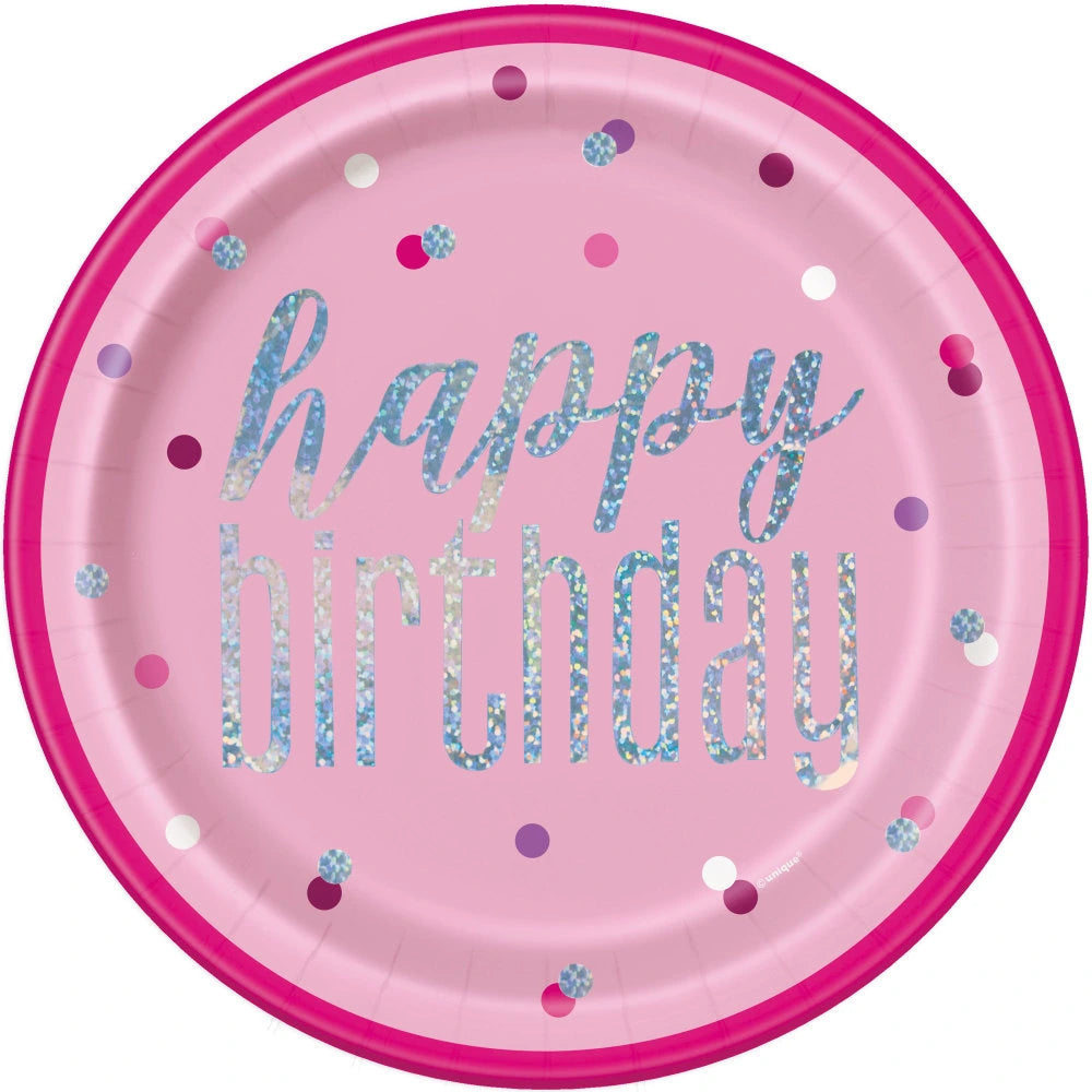 Birthday Pink Glitz Round 9" Dinner Plates, 8 In A Pack - Foil Stamped