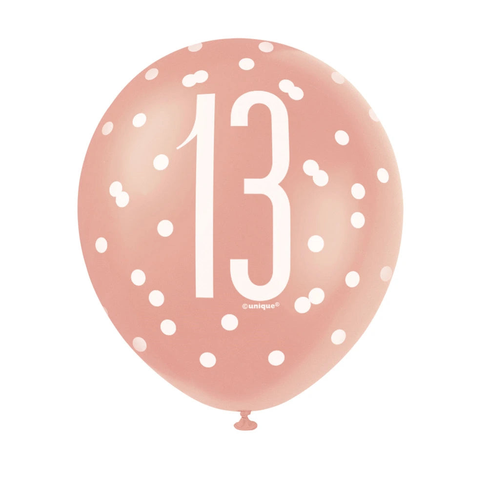 Birthday Rose Gold Glitz Number 13 12" Latex Balloons, 6 In A Pack