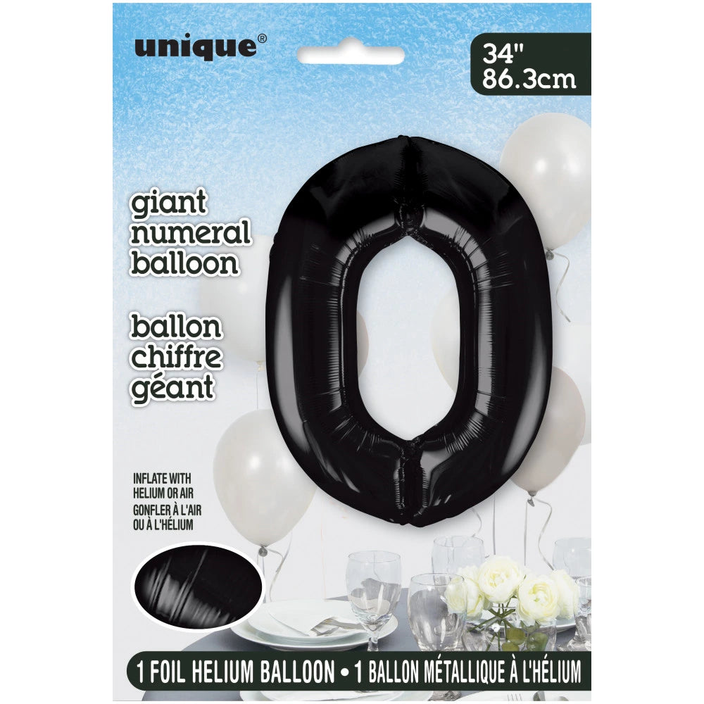 Black Number 0 Shaped Foil Balloon 34", Packaged