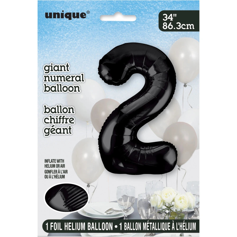 Black Number 2 Shaped Foil Balloon 34", Packaged