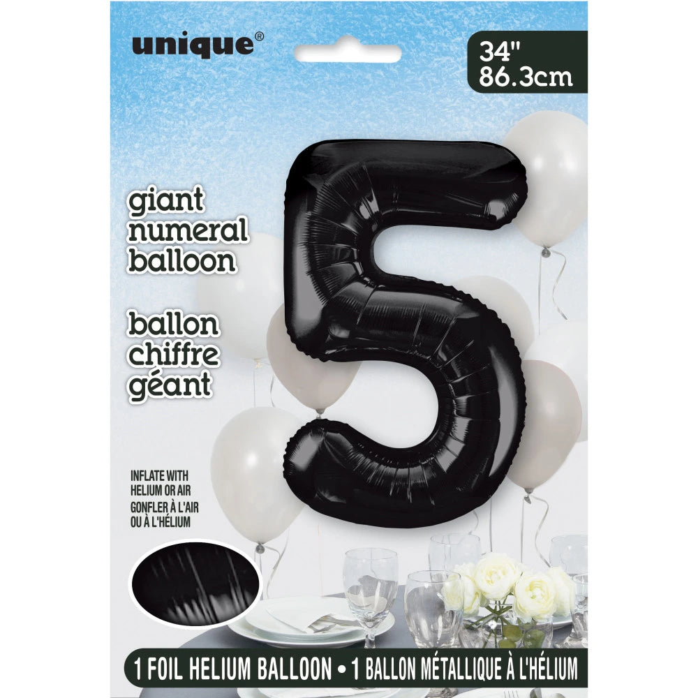 Black Number 5 Shaped Foil Balloon 34", Packaged