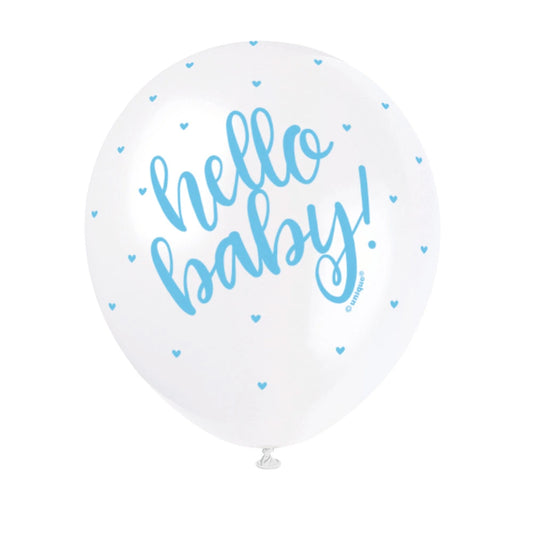 Blue "Hello Baby" 12" Latex Balloons, 5 In A Pack