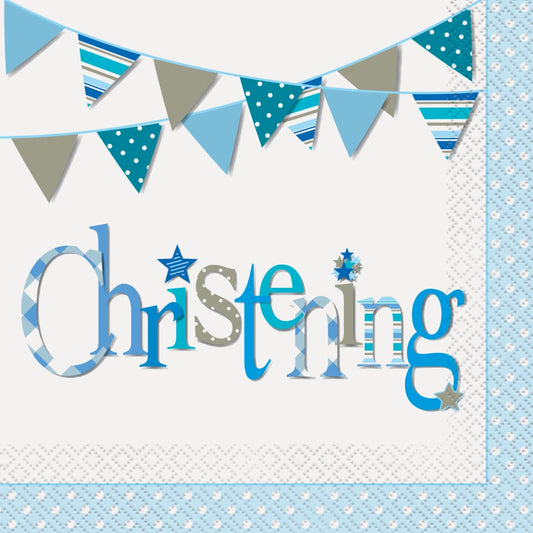Blue Bunting Christening Luncheon Napkins, 16 In A Pack