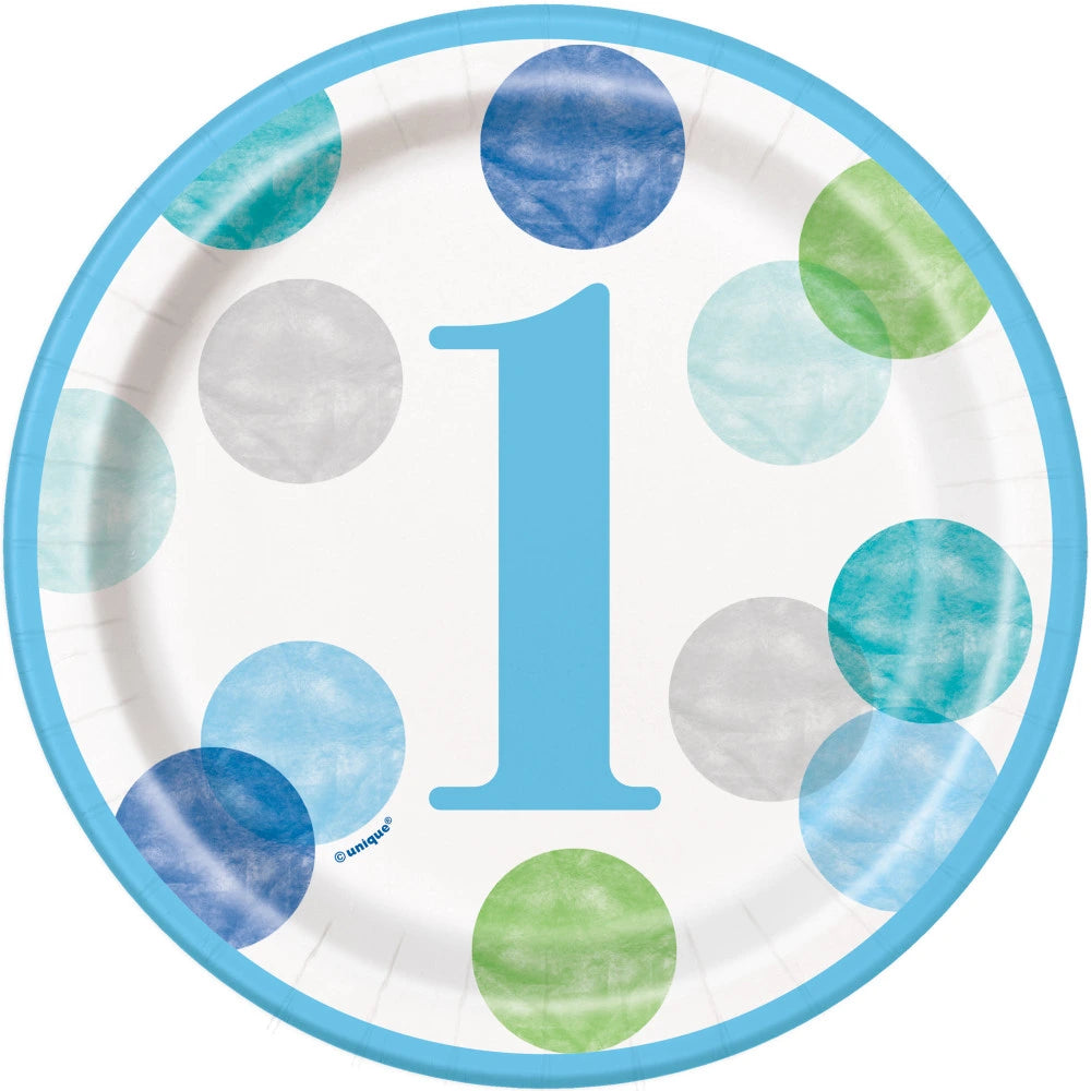 Blue Dots 1st Birthday Round 7" Dessert Plates, 8 In A Pack