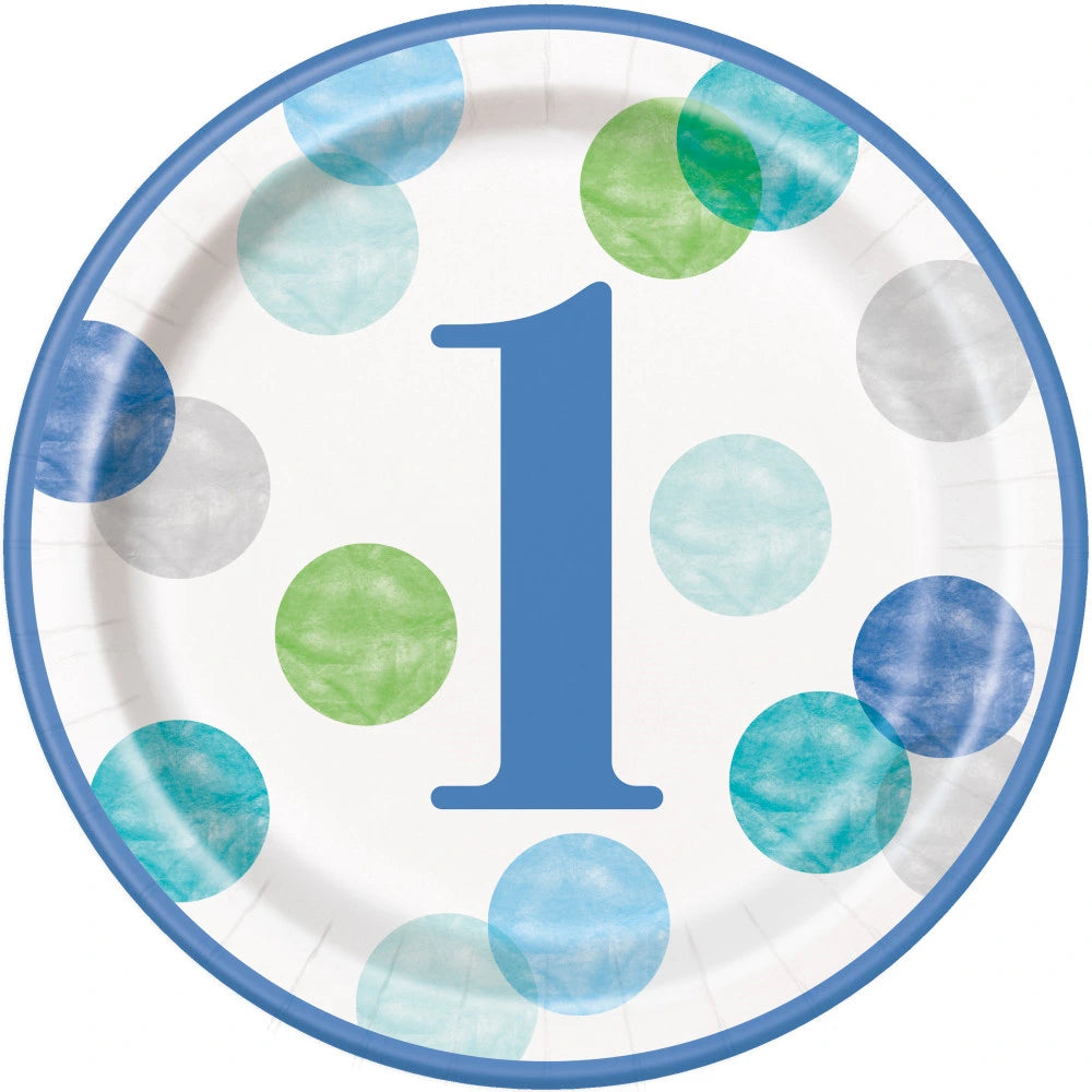 Blue Dots 1st Birthday Round 9" Dinner Plates, 8 In A Pack