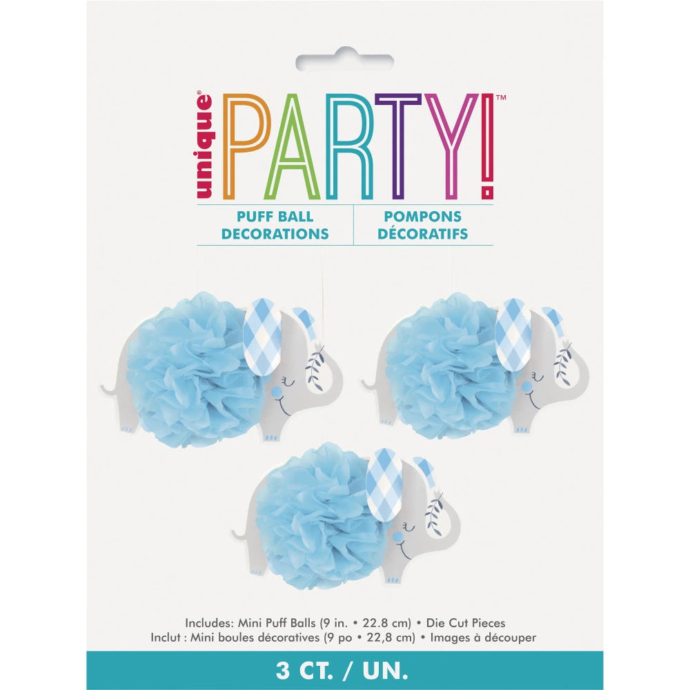 Blue Floral Elephant 9" Hanging Tissue Pom Pom Decorations, 3 In A Pack