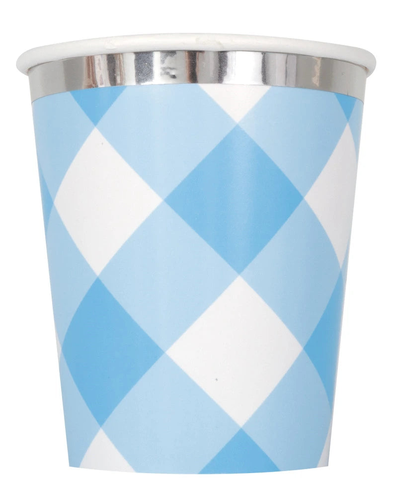 Blue Gingham 1st Birthday 9oz Paper Cups, 8 In A Pack - Foil Board