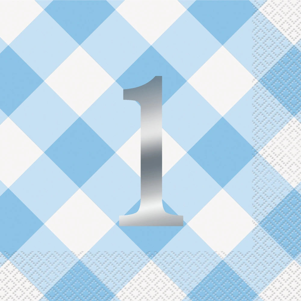 Blue Gingham 1st Birthday Luncheon Napkins, 16 In A Pack - Foil Stamped