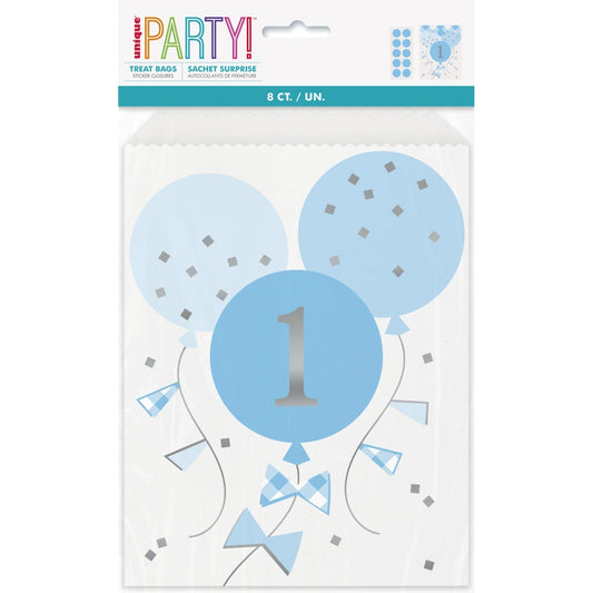 Blue Gingham 1st Birthday Paper Treat Bags, 8 In A Pack