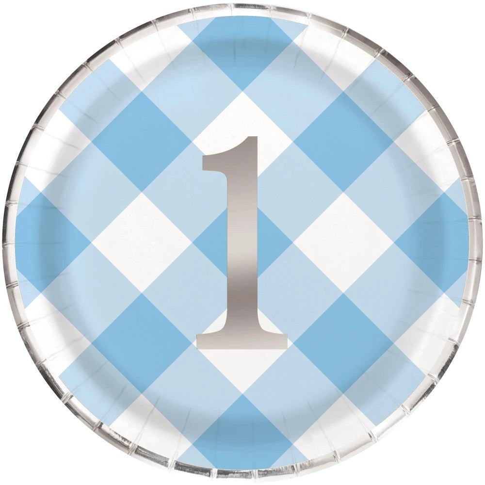 Blue Gingham 1st Birthday Round 9" Dinner Plates, 8 In A Pack - Foil Board