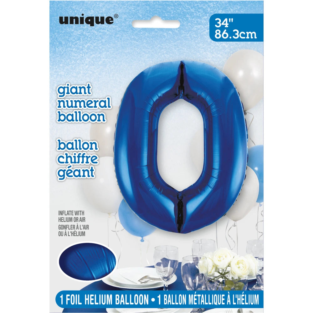 Blue Number 0 Shaped Foil Balloon 34", Packaged