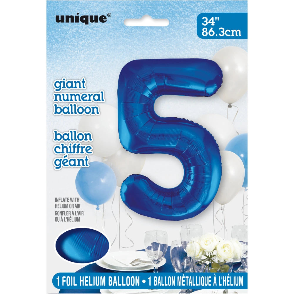 Blue Number 5 Shaped Foil Balloon 34", Packaged