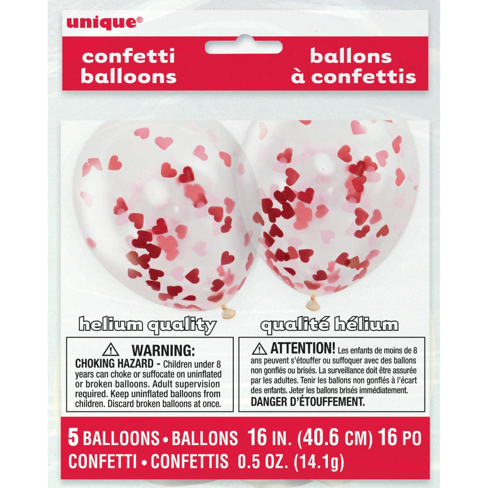 Clear Latex Balloons with Heart-Shaped Confetti 16", 5 In A Pack