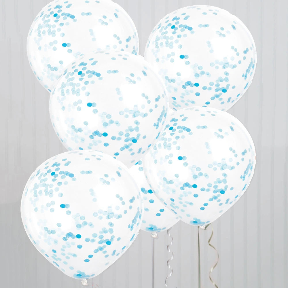 Clear Latex Balloons with Powder Blue Confetti 12", 6 In A Pack