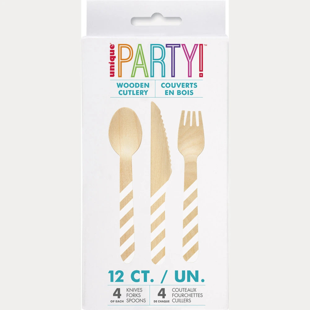 Disposable Striped Wooden Cutlery Set for 4