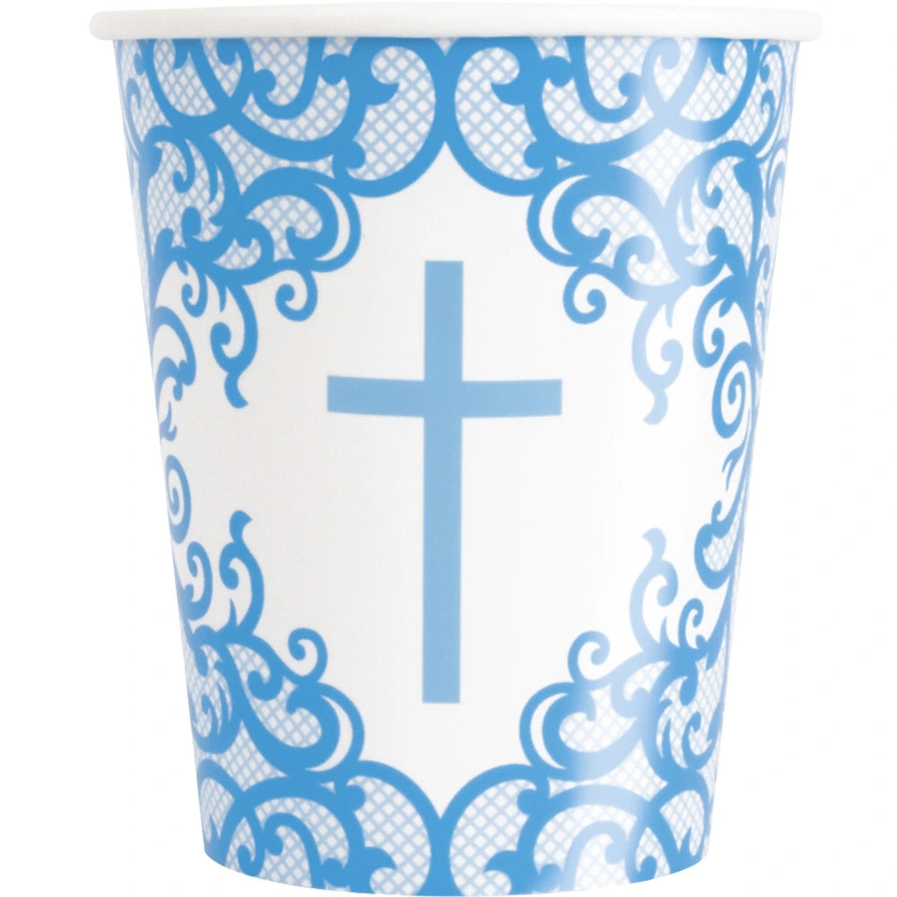 Fancy Blue Cross 9oz Paper Cups, 8 In A Pack
