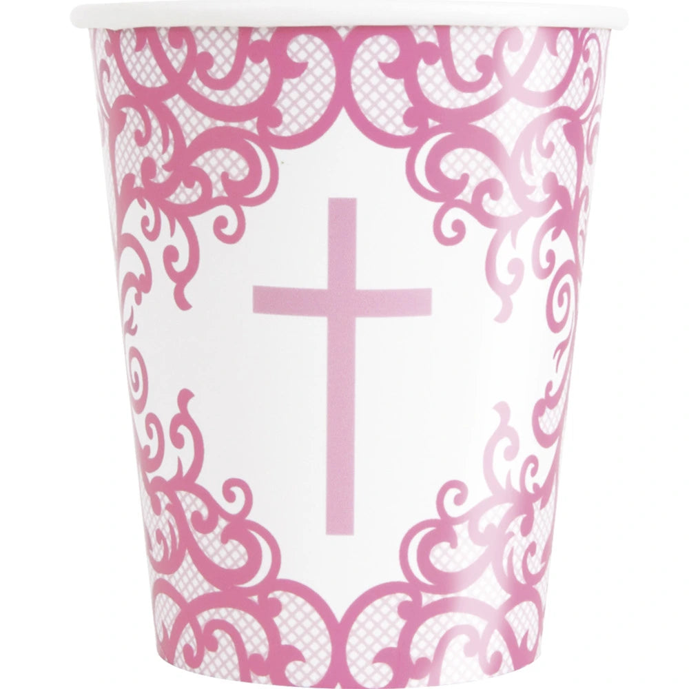 Fancy Pink Cross 9oz Paper Cups, 8 In A Pack