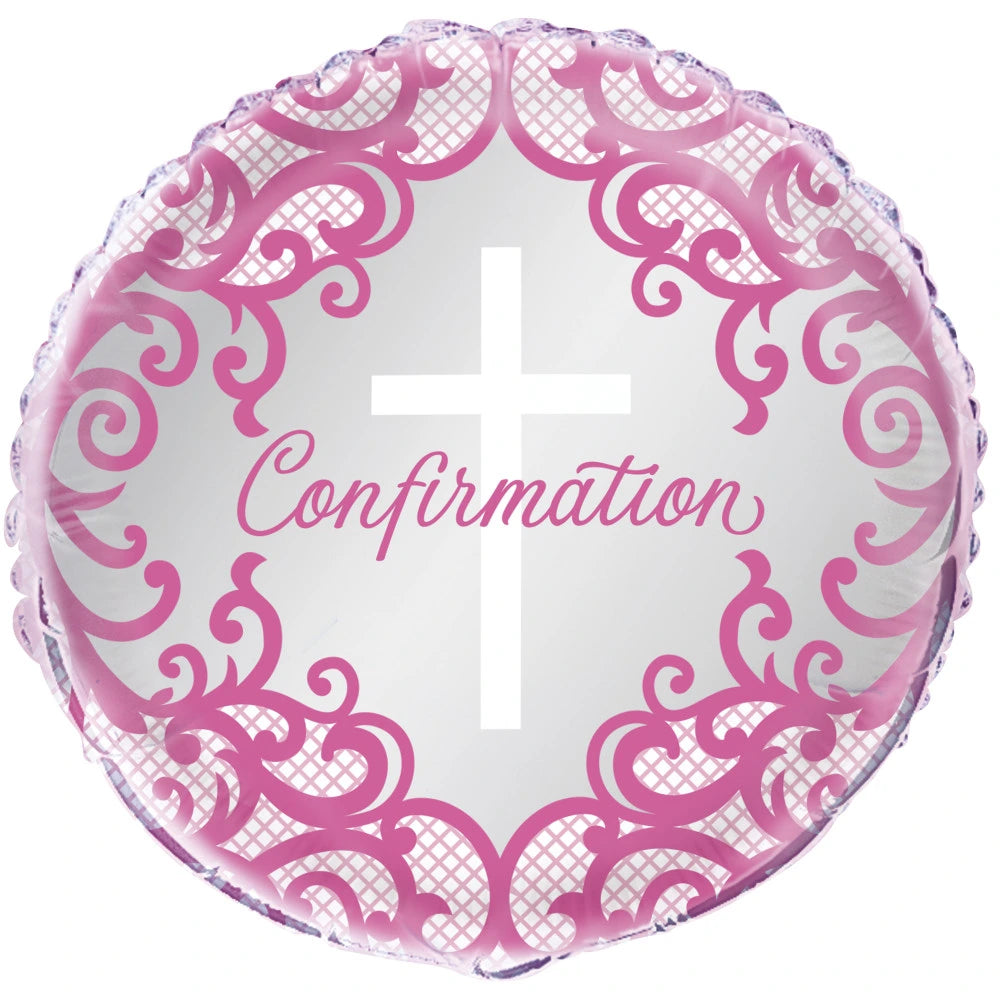 Fancy Pink Cross Confirmation Round Foil Balloon 18", Packaged