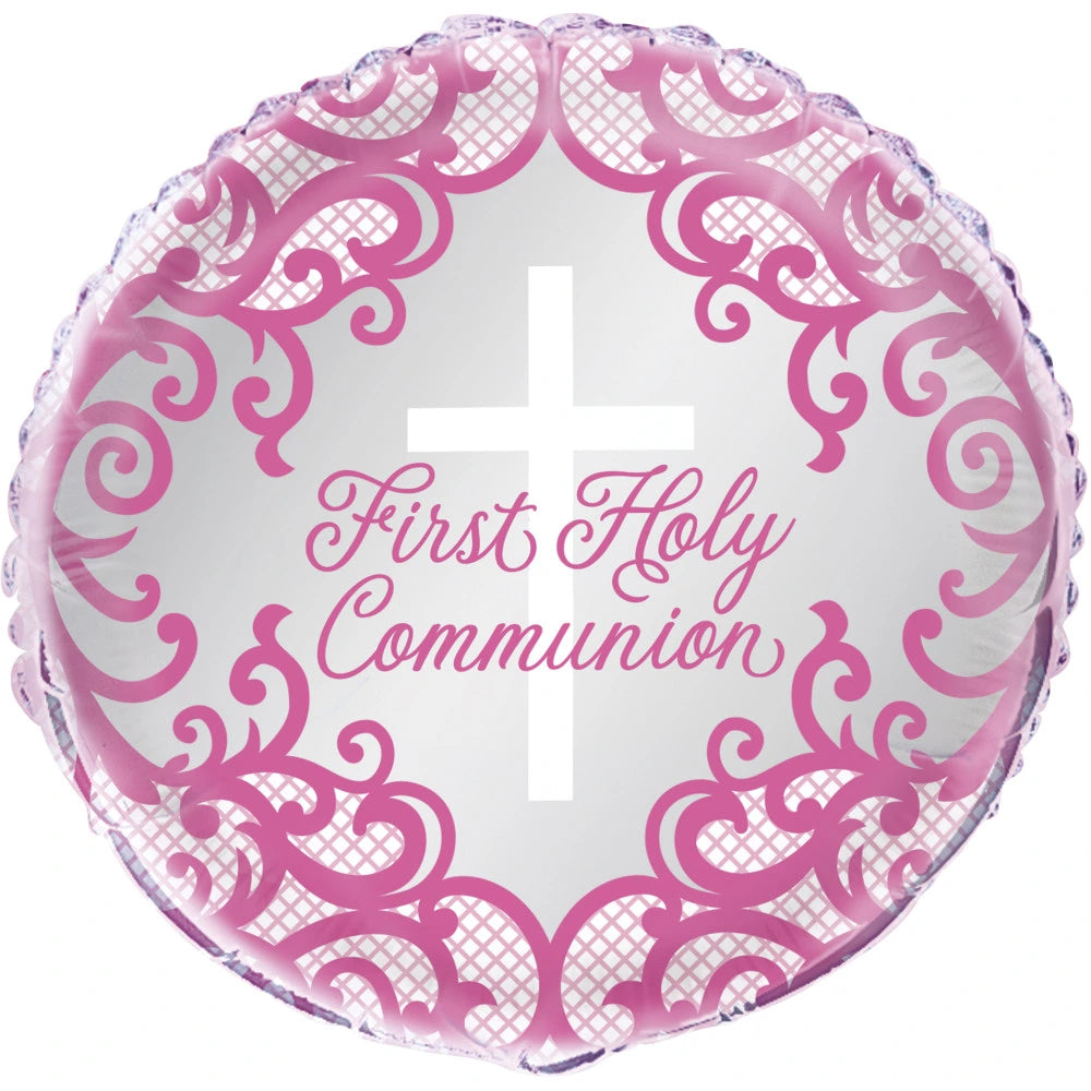 Fancy Pink Cross First Holy Communion Foil Balloon 18" - Packaged
