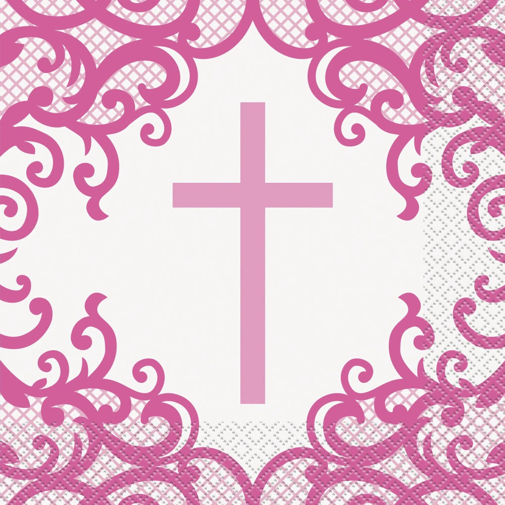 Fancy Pink Cross Luncheon Napkins, 16 In A Pack