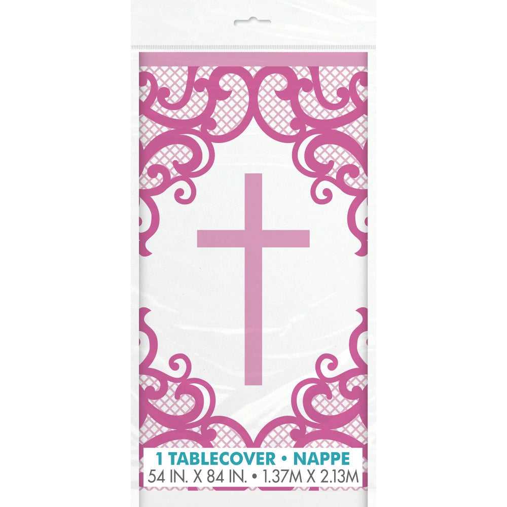 Fancy Pink Cross Re In A Packangular Plastic Table Cover, 54"x84"