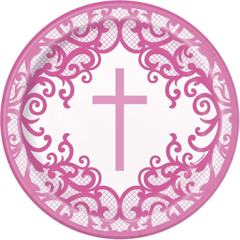 Fancy Pink Cross Round 7" Dessert Plates, 8 In A Pack