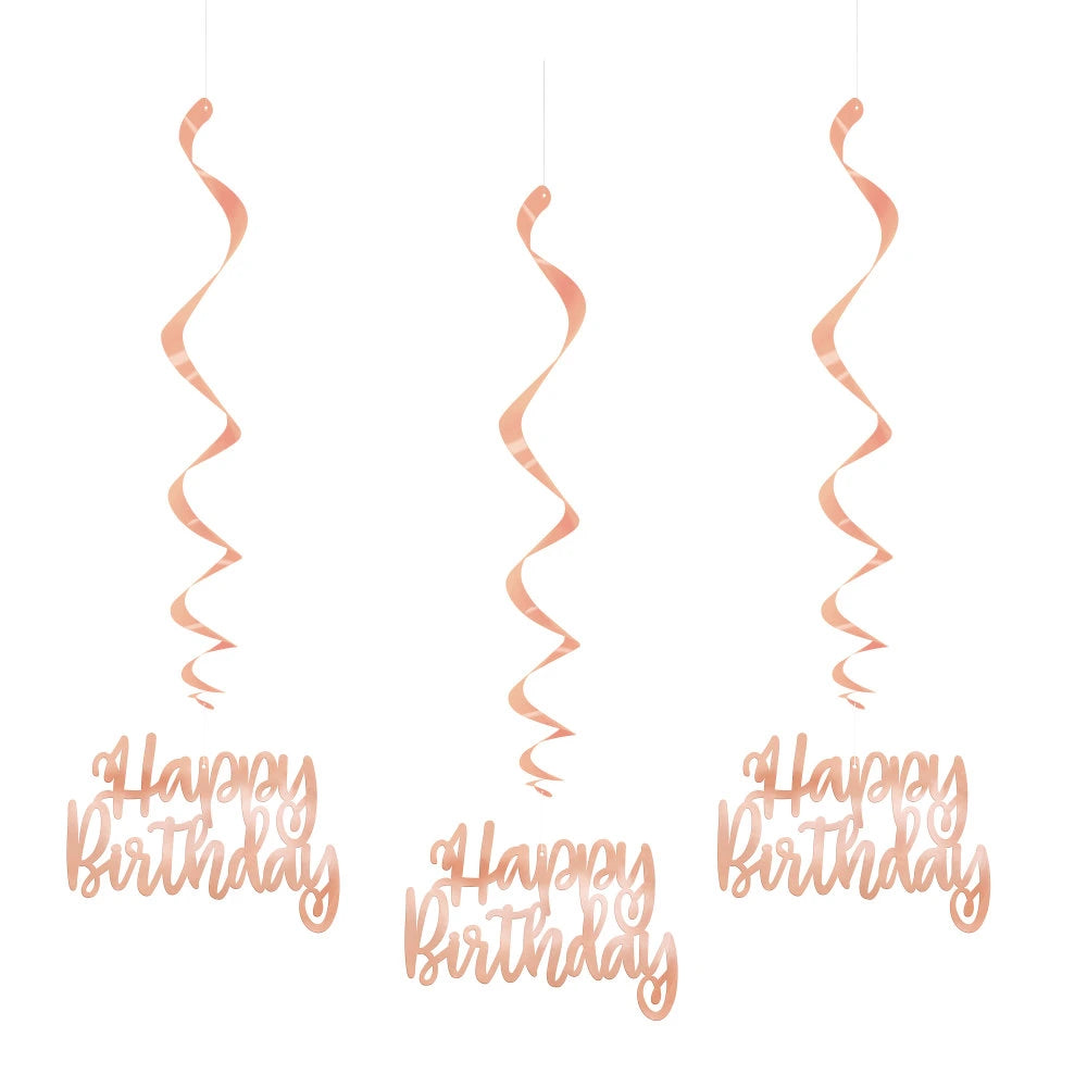Foil Rose Gold "Happy Birthday" Hanging Swirl Decorations, 32", 3 In A Pack