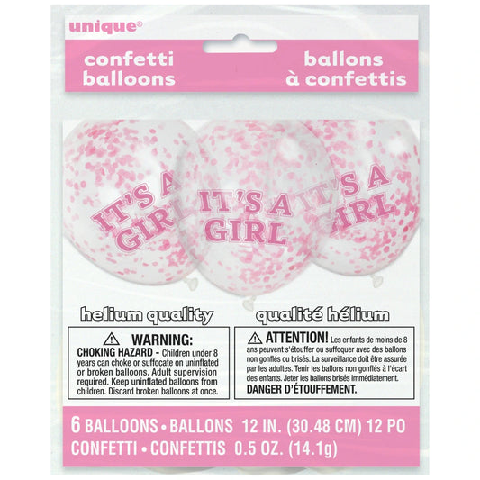 Girl Clear Latex Balloons with Pink Confetti 12", 6 In A Pack
