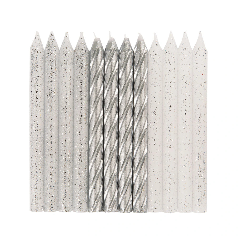 Glitter and Silver Spiral Birthday Candles - Assorted, 24 In A Pack