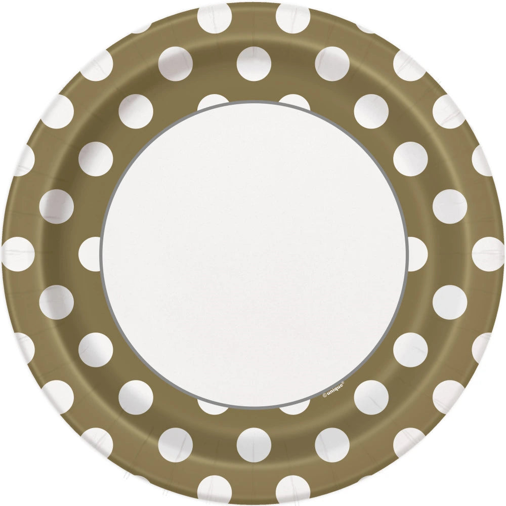 Gold Dots Round 9" Dinner Plates, 8 In A Pack