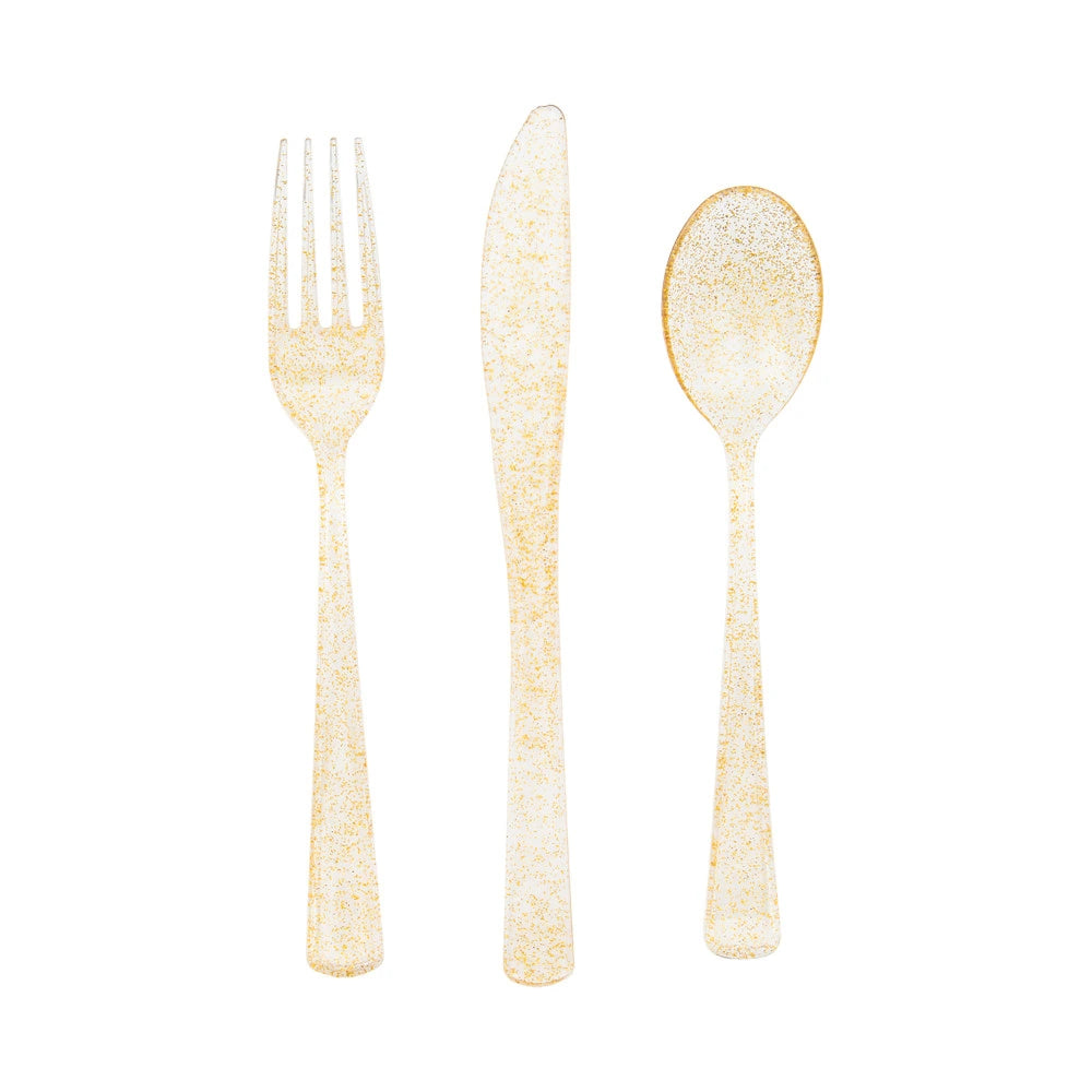 Gold Glitter Assorted Plastic Cutlery, 18 In A Pack