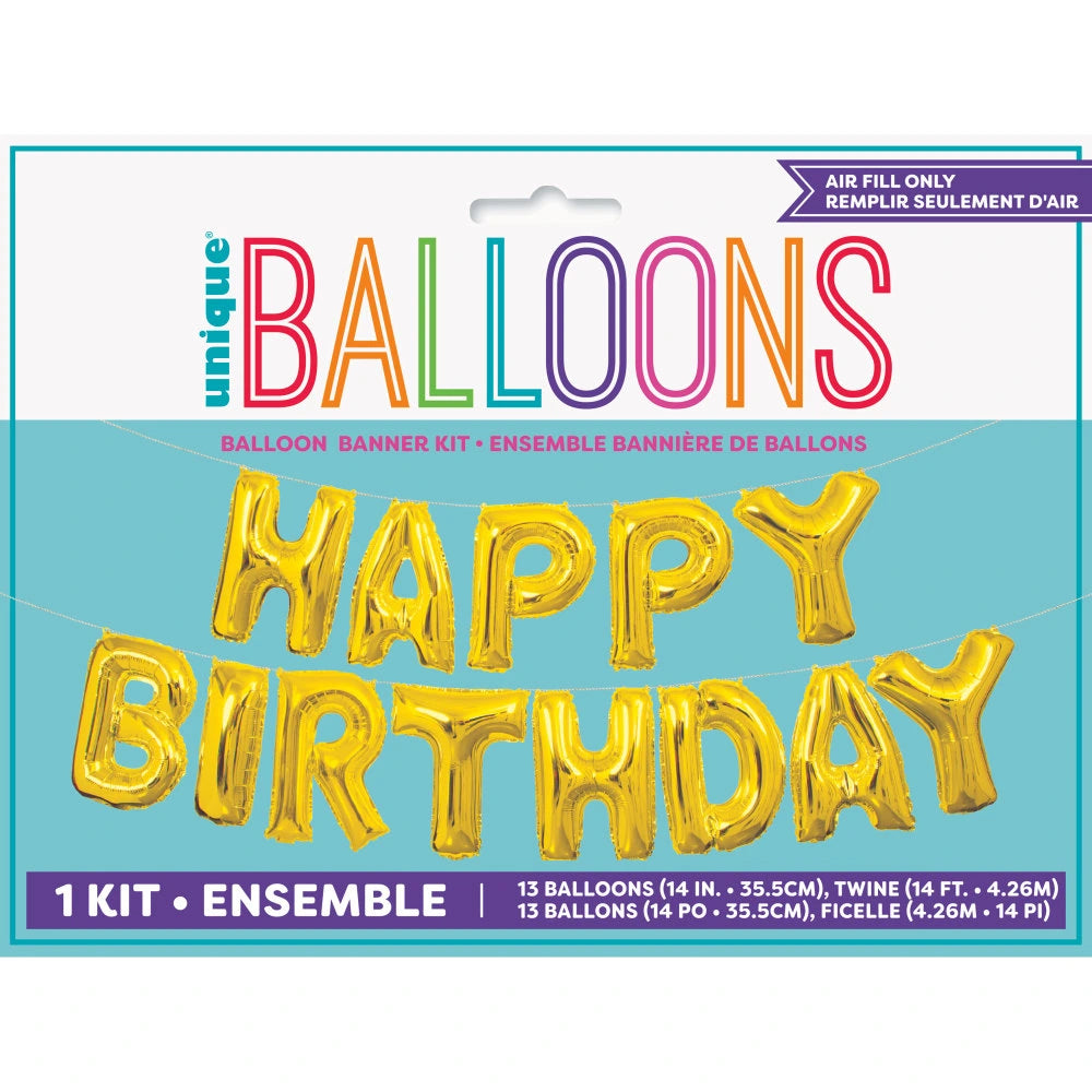 Gold Happy Birthday Foil Letter Balloon Banner Kit, 14"
