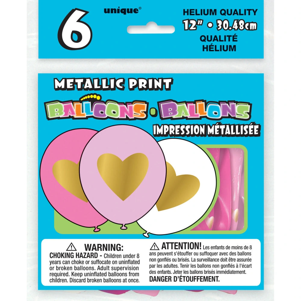 Gold Heart 12" Assorted Latex Balloons, 6 In A Pack