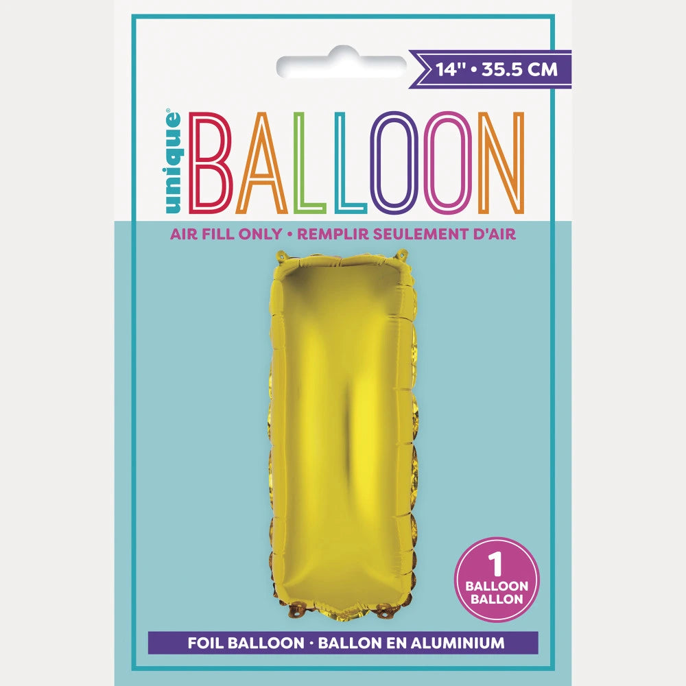 Gold Letter I Shaped Foil Balloon 14", Packaged